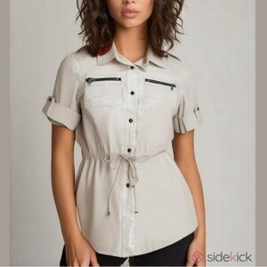 St. John Yellow Label Safari Top, Beige, Short Sleeves, Buttoned